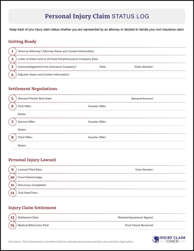 Personal injury claim status log