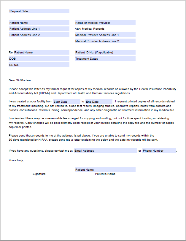 Downloadable medical records request letter